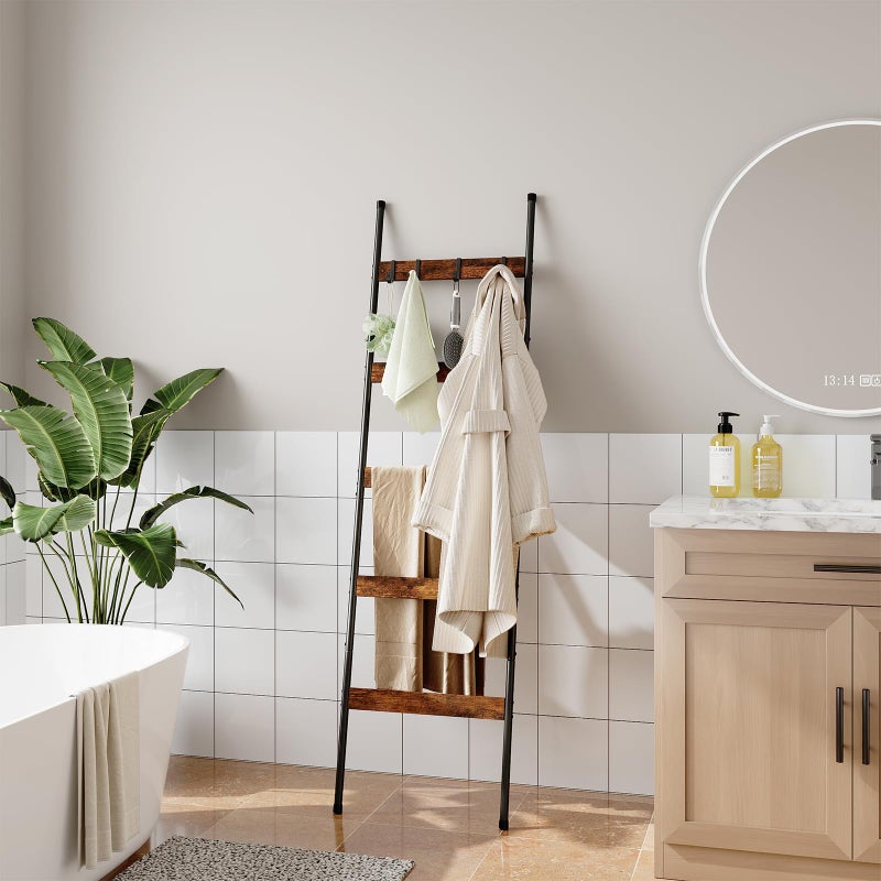 ELYKEN Blanket Ladder for Living Room, Farmhouse 5-Tier Quilt Holder with 4 Removable Hooks for Bathroom, Wood Towel Rack Display, Wall Anchor Leaning Decorative Stand for Home, Rustic Brown - Image 5