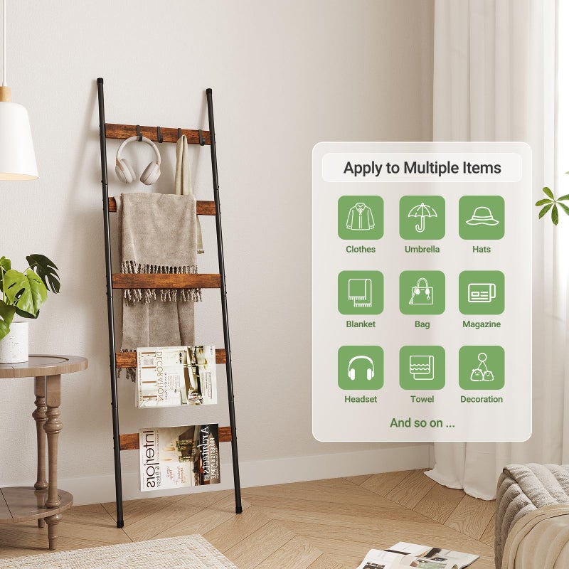 ELYKEN Blanket Ladder for Living Room, Farmhouse 5-Tier Quilt Holder with 4 Removable Hooks for Bathroom, Wood Towel Rack Display, Wall Anchor Leaning Decorative Stand for Home, Rustic Brown - Image 2