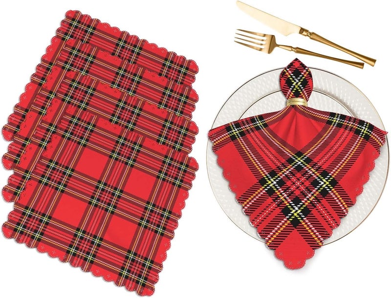 Yibeas Red Plaid Cloth Napkins Set of 4 Traditional Scottish Checkered Tartan Pattern in Classic Colors Polyester Kitchen Dinner Napkins for Holiday Festive Wedding Decor 18 x 18 inch - Image 1