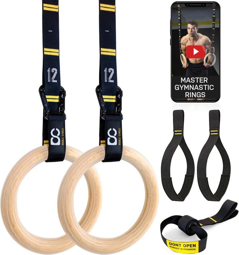 Double Circle Wood Gymnastics Rings with Quick Adjust Numbered Straps and Exercise Videos Guide - Full Body Workout Rings, Calisthenics, Home Gym (Multi-Size) - Image 1