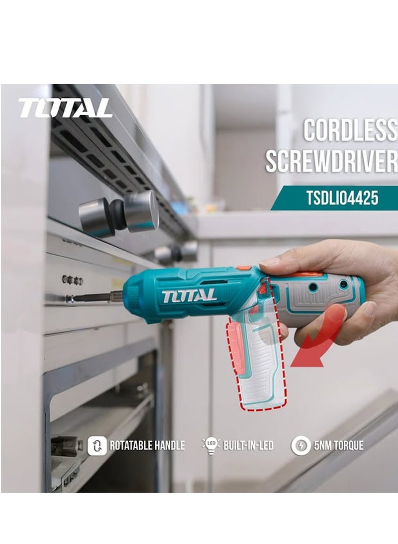 TOTAL TSDLI04425 4V Cordless Screwdriver Set with 24 Bits, USB Type C Charging, 180° Rotatable Handle, LED Light, Forward Reverse Control, Portable Electric Screwdriver Kit for Home DIY Furniture Repair - Image 5