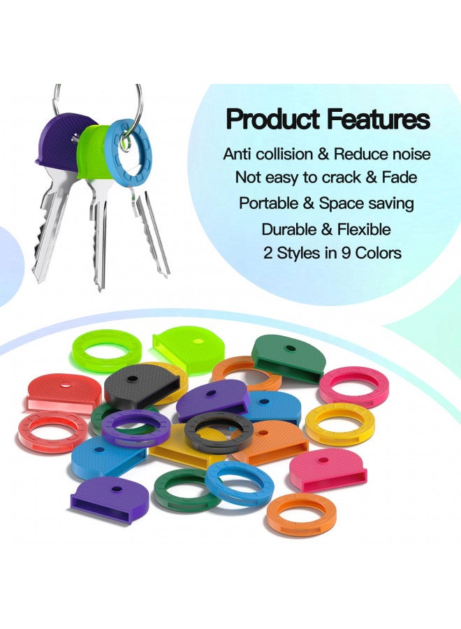 GoorDik 54PCS Key Caps Covers Tags, Plastic Key Color Identifiers for Standard Flat House Keys(Not Suitable for Odd-Shaped Keys), Key Coding Rings in 9 Assorted Colors, 2 Styles - Image 2