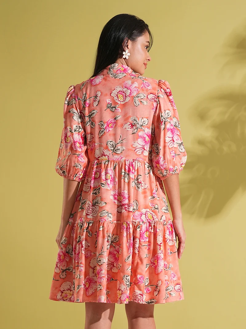 globus  Women Floral Print Shirt Collar Puff Sleeves Tiered Knee Length Fusion Dress for Women | Best Price UAE