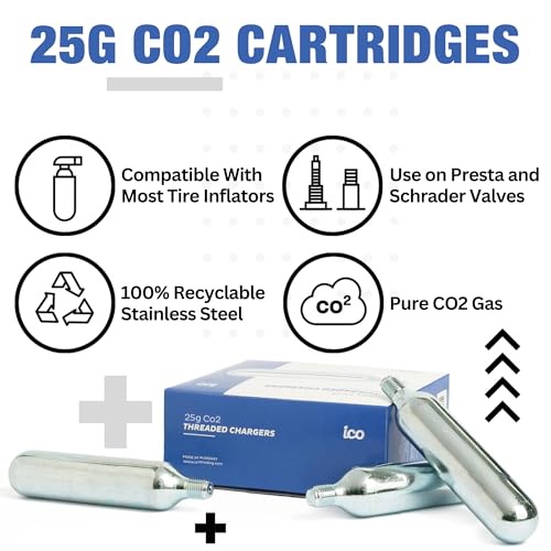 ICO CO2, 10pcs, 25g Threaded CO2 Cartridges, CO2 Cartridges for Use with CO2 Inflator for Bike Tires, C02 Cartridges for MTB & Road Bikes, Food Grade CO2 - Image 2