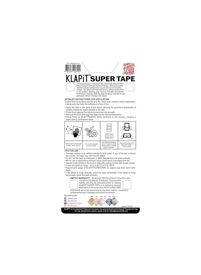 KLAPiT - KLAPiT SUPER TAPE - GRIPZILLA 1 Meter Heavy Duty Double-Sided Nano Tape | Holds 60LB/27KG | Waterproof, Residue-Free, Strong Adhesive for Wall Mounting, Frames DIY Indoor & Outdoor Use (4 pc pack) - Image 1