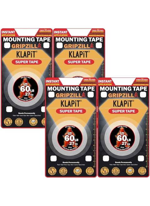 KLAPiT SUPER TAPE - GRIPZILLA 1 Meter Heavy Duty Double-Sided Nano Tape | Holds 60LB/27KG | Waterproof, Residue-Free, Strong Adhesive for Wall Mounting, Frames DIY Indoor & Outdoor Use (4 pc pack)