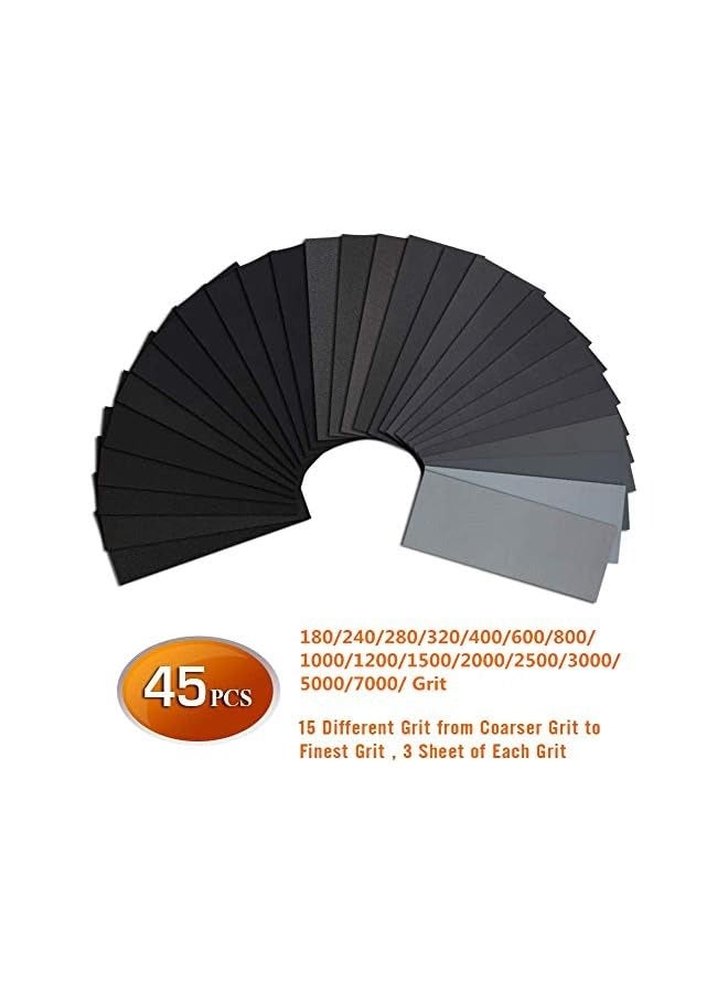 PROMASS Wet and Dry Sandpaper,180/240/280/320/400/600/800/1000/1200/1500/2000/2500/3000/5000/7000/ Grit Sandpaper / 45pcs 9x3.6 inch for Automotive Sanding | Wood Furniture Finishing Polishing - Image 2