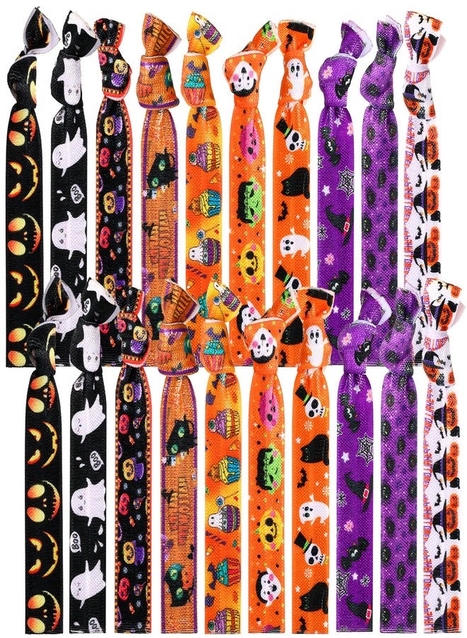 Mtlee 20 Pieces Halloween Hair Ties Halloween Knotted Headbands Elastic Satin Ponytail Holders Candy Bat Owl Cat Spider No Crease Knotted Ribbon Hair Bands Accessories for Women Girls - Image 1