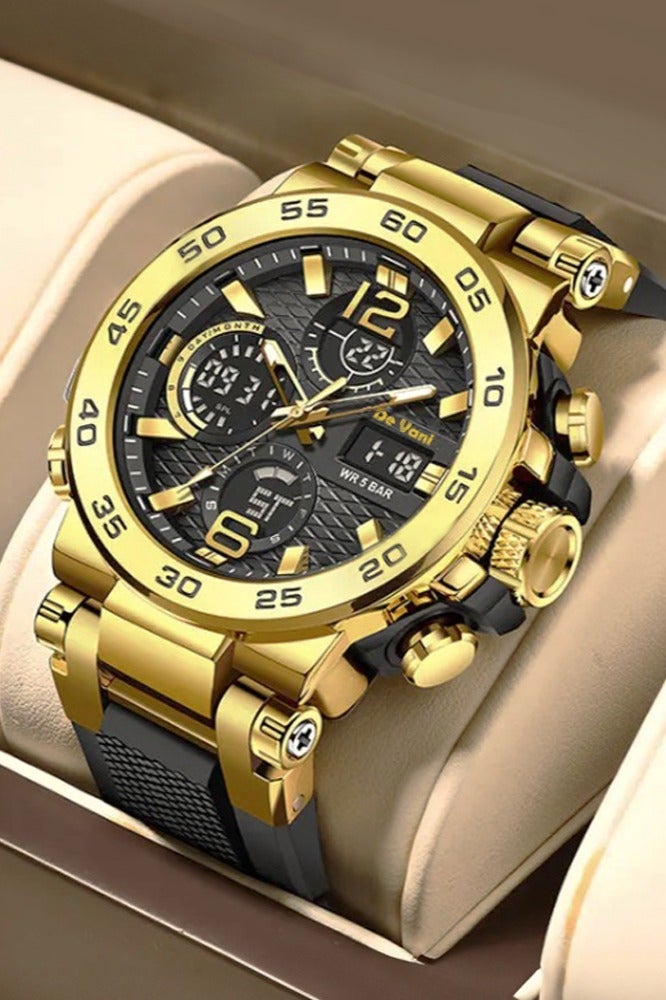 دي فاني ساعة يد رياضية من دي فاني أنالوج بعقارب ورقمية لون شريط الساعة ذهبي أسود - Image 1