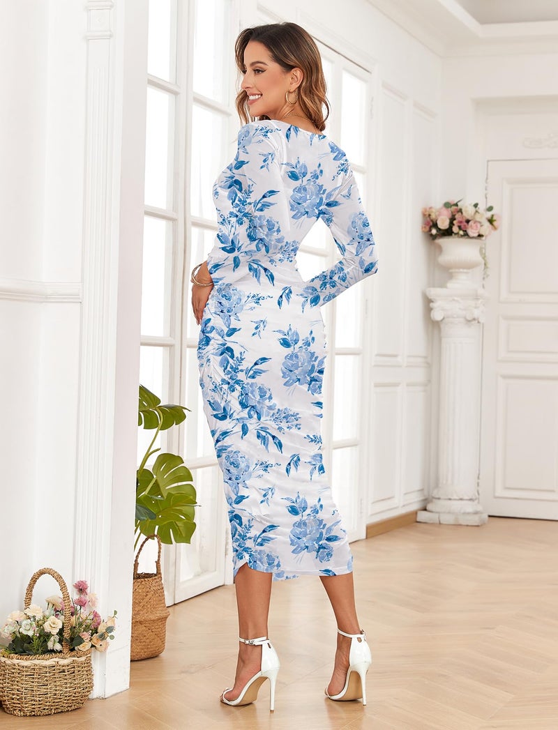 AISWI Maternity Mesh Dress Ruched Side Round Neck Pregnancy Dresses Baby Shower Wedding Guest Cocktail Party 2025 Fall, 4.Large Floral Light Blue, Small - Image 3