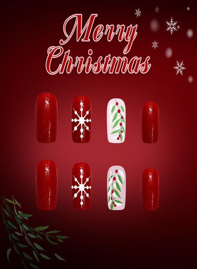 UCCASA 24Pcs Christmas Press on Nails Red Medium Square Fake Nails Winter Snowflake with Holly Leave Design Xmas Glue on Nails Full Cover Cute Christmas False Nails for Women Acrylic Manicure Tips - Image 3