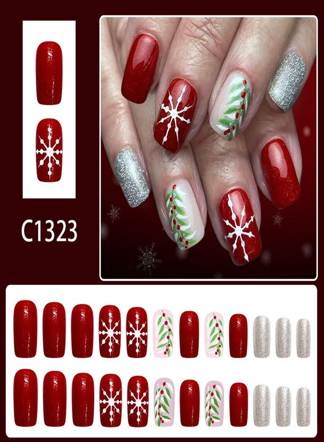 UCCASA 24Pcs Christmas Press on Nails Red Medium Square Fake Nails Winter Snowflake with Holly Leave Design Xmas Glue on Nails Full Cover Cute Christmas False Nails for Women Acrylic Manicure Tips - Image 2
