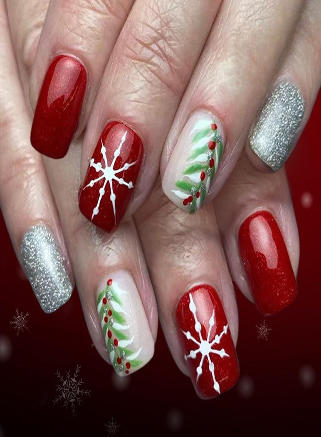 UCCASA 24Pcs Christmas Press on Nails Red Medium Square Fake Nails Winter Snowflake with Holly Leave Design Xmas Glue on Nails Full Cover Cute Christmas False Nails for Women Acrylic Manicure Tips - Image 1