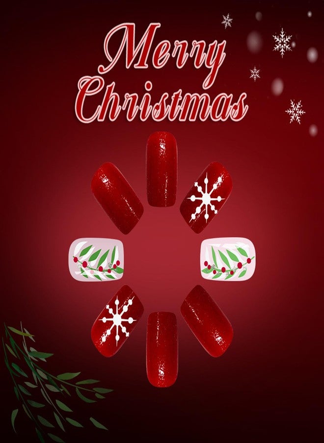 UCCASA 24Pcs Christmas Press on Nails Red Medium Square Fake Nails Winter Snowflake with Holly Leave Design Xmas Glue on Nails Full Cover Cute Christmas False Nails for Women Acrylic Manicure Tips - Image 4