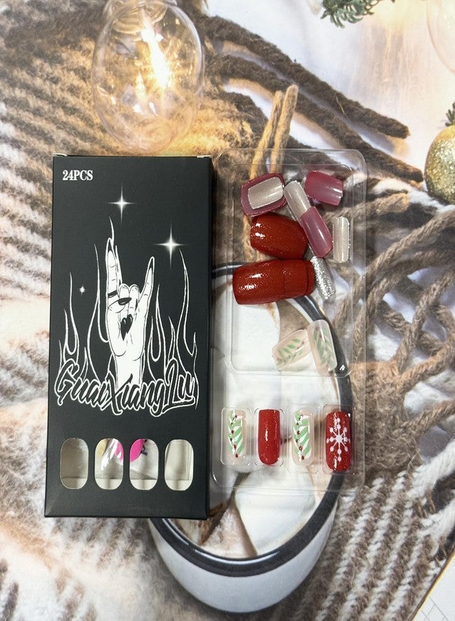 UCCASA 24Pcs Christmas Press on Nails Red Medium Square Fake Nails Winter Snowflake with Holly Leave Design Xmas Glue on Nails Full Cover Cute Christmas False Nails for Women Acrylic Manicure Tips - Image 5