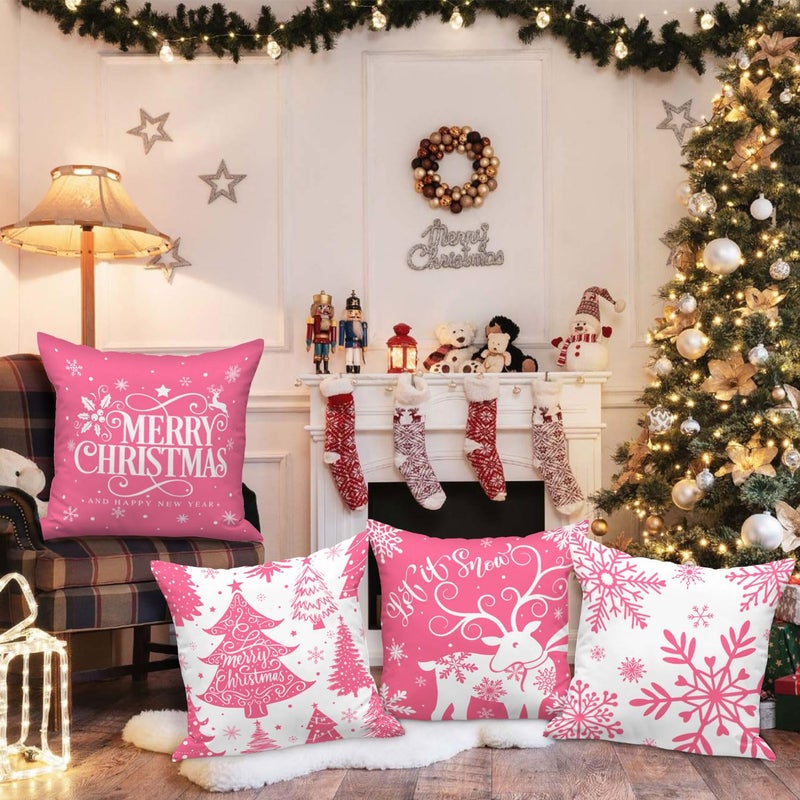 Lanpn White and Pink 20x20 Christmas Pillow Covers Set of 4  Decorative 20 Inch Winter Snowflake Throw Pillow Case Xmas Cushion Cover for Indoor House Sofa Pink - Image 5