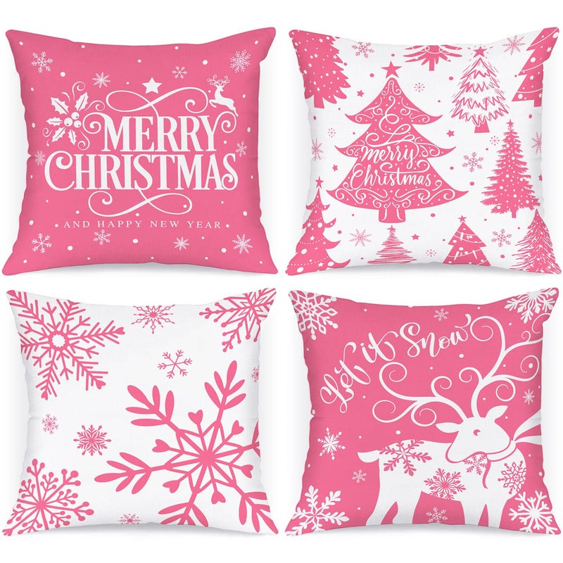 Lanpn White and Pink 20x20 Christmas Pillow Covers Set of 4  Decorative 20 Inch Winter Snowflake Throw Pillow Case Xmas Cushion Cover for Indoor House Sofa Pink - Image 1