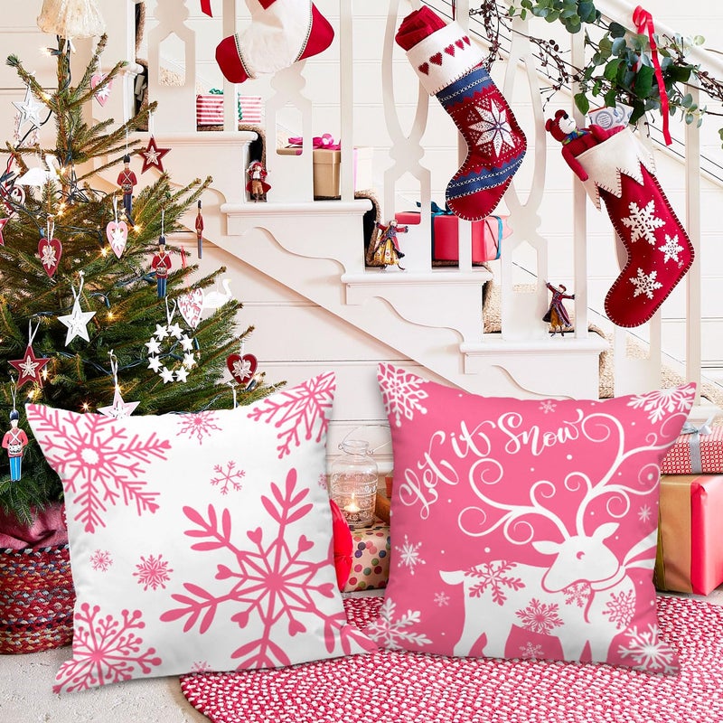 Lanpn White and Pink 20x20 Christmas Pillow Covers Set of 4  Decorative 20 Inch Winter Snowflake Throw Pillow Case Xmas Cushion Cover for Indoor House Sofa Pink - Image 4