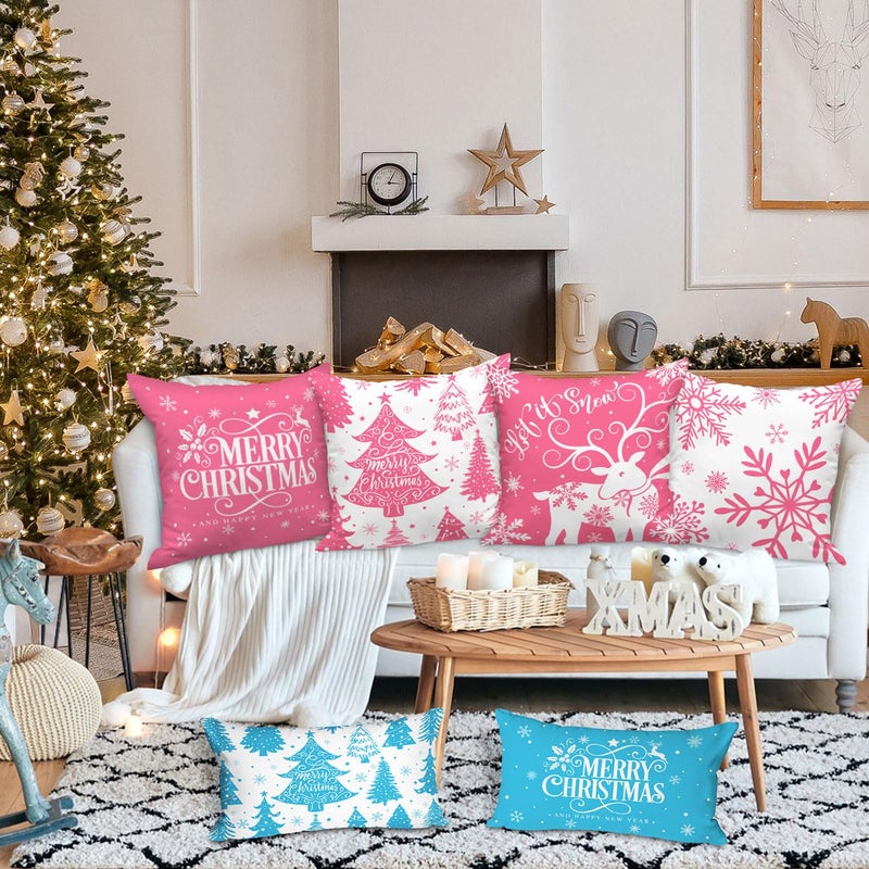 Lanpn White and Pink 20x20 Christmas Pillow Covers Set of 4  Decorative 20 Inch Winter Snowflake Throw Pillow Case Xmas Cushion Cover for Indoor House Sofa Pink - Image 3