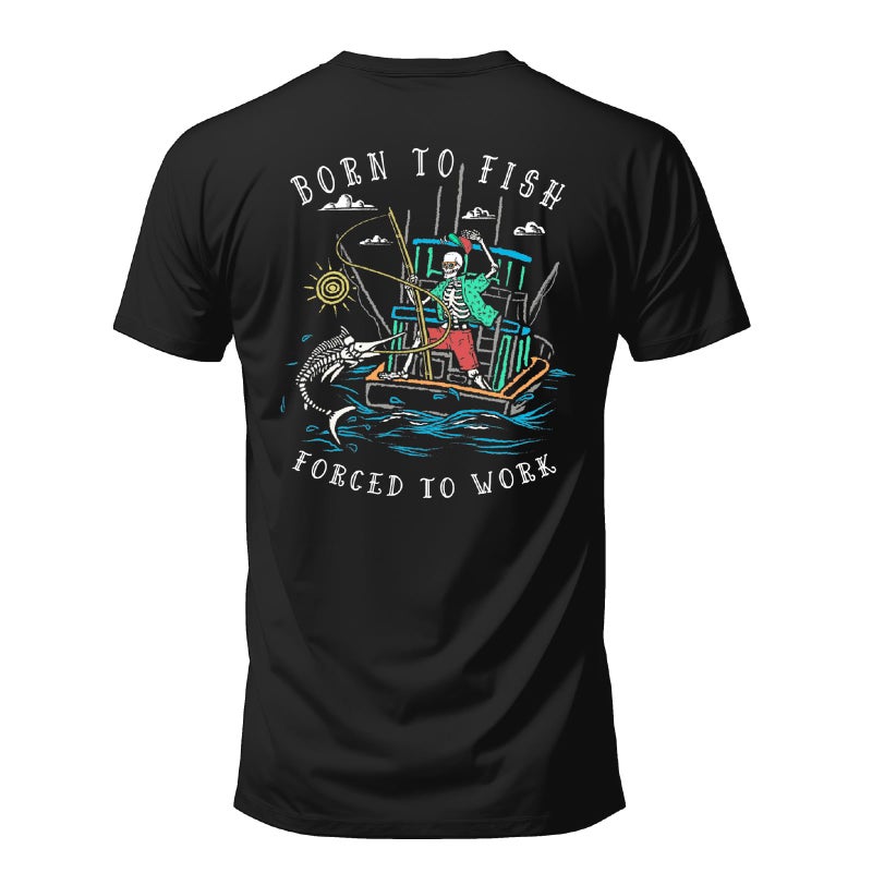 Salty Bones Born to Fish Forced to Work Fishing Boat Graphic T-Shirt, 100% Ringspun Cotton, Classic Fit, Printed in USA (US, Alpha, Large, Regular, Regular, Black) - Image 1