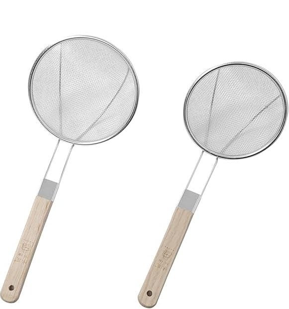 Stainless Steel Net Skimmer Mesh Ladle for Kitchen Food and Vegetable Mesh Colander1416cmWooden HandlePack of2  - Image 1