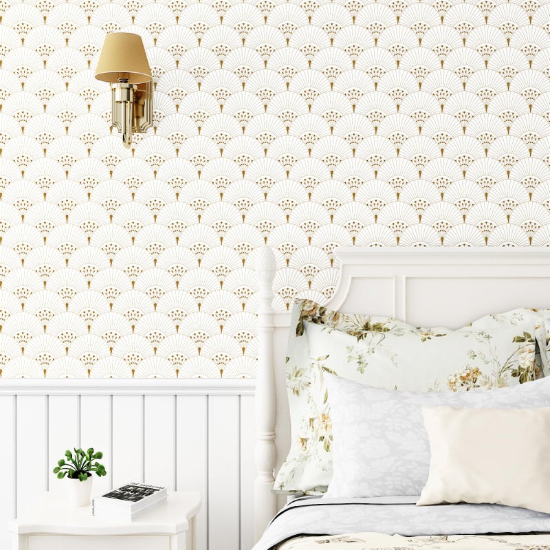 Wallercity Gold and White Geometric Wallpaper Boho Golden Sector Geometric Peel and Stick Striped Gold Contact Paper Waterproof Vintage Art Deco Wallpaper for Bedroom Bathroom Cabinet Vinyl 17.5"x102" - Image 3