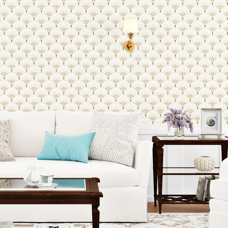 Wallercity Gold and White Geometric Wallpaper Boho Golden Sector Geometric Peel and Stick Striped Gold Contact Paper Waterproof Vintage Art Deco Wallpaper for Bedroom Bathroom Cabinet Vinyl 17.5"x102" - Image 2