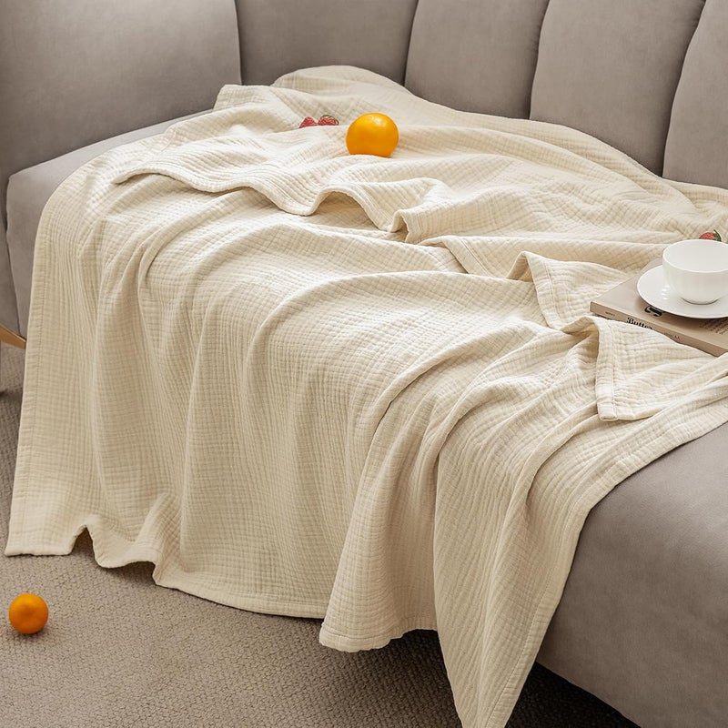PHF 100% Cotton Muslin Blanket Queen Size (230cm x 230cm), 4-Layer Lightweight and Breathable Blanket for Summer, Luxuriously Soft Gauze Bedding for Bed, Natural Minimalism Style, Ideal Gift, Beige Birch/Nature - Image 1
