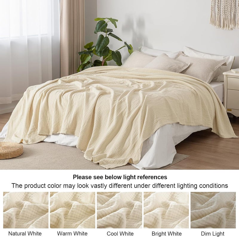PHF 100% Cotton Muslin Blanket Queen Size (230cm x 230cm), 4-Layer Lightweight and Breathable Blanket for Summer, Luxuriously Soft Gauze Bedding for Bed, Natural Minimalism Style, Ideal Gift, Beige Birch/Nature - Image 5