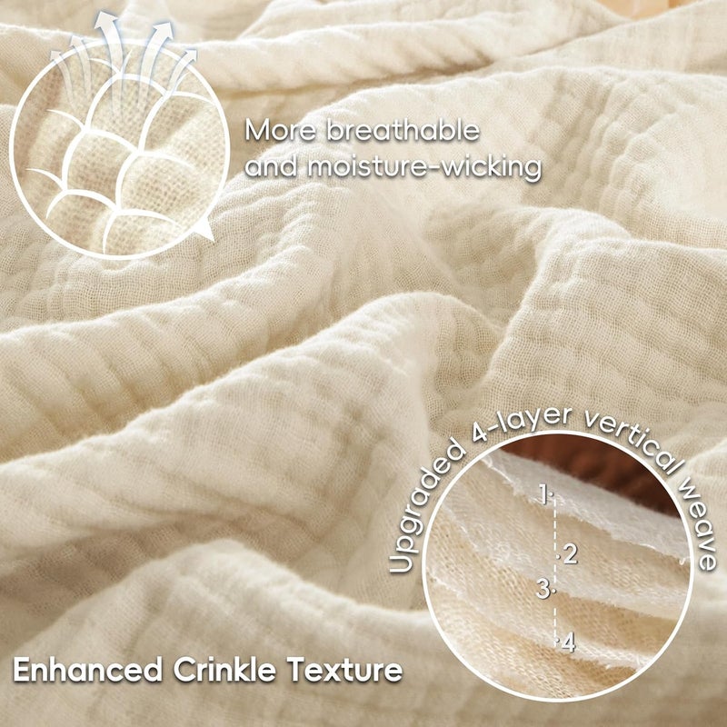 PHF 100% Cotton Muslin Blanket Queen Size (230cm x 230cm), 4-Layer Lightweight and Breathable Blanket for Summer, Luxuriously Soft Gauze Bedding for Bed, Natural Minimalism Style, Ideal Gift, Beige Birch/Nature - Image 3
