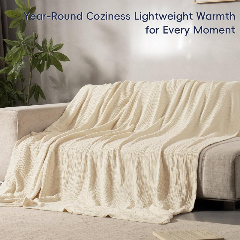 PHF 100% Cotton Muslin Blanket Queen Size (230cm x 230cm), 4-Layer Lightweight and Breathable Blanket for Summer, Luxuriously Soft Gauze Bedding for Bed, Natural Minimalism Style, Ideal Gift, Beige Birch/Nature - Image 4
