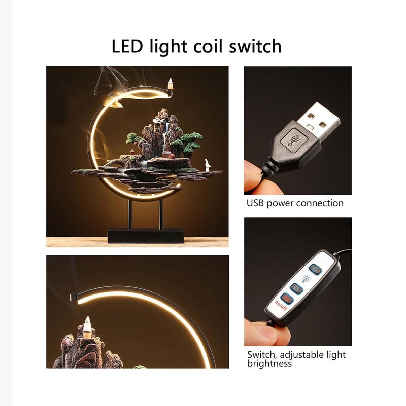 TXYXT Backflow Incense Waterfall Fountain Burner with Adjustable LED Light Ring,Resin Rockery Landscape Ornament insence-Stick Holder,Compatible with Cone and Stick Incense (Grayish Green) - Image 3