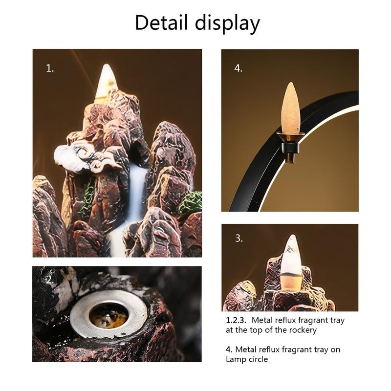 TXYXT Backflow Incense Waterfall Fountain Burner with Adjustable LED Light Ring,Resin Rockery Landscape Ornament insence-Stick Holder,Compatible with Cone and Stick Incense (Grayish Green) - Image 4