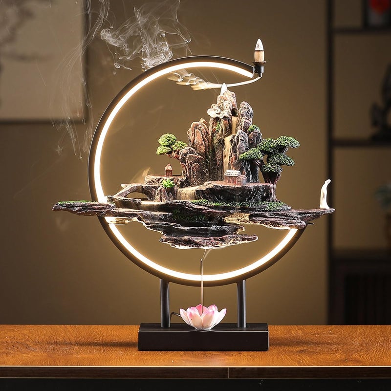 TXYXT Backflow Incense Waterfall Fountain Burner with Adjustable LED Light Ring,Resin Rockery Landscape Ornament insence-Stick Holder,Compatible with Cone and Stick Incense (Grayish Green) - Image 1