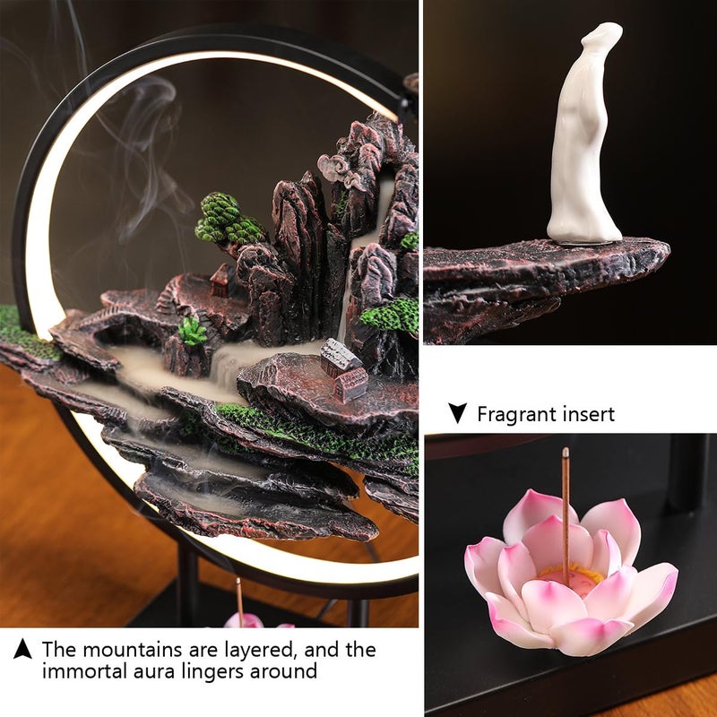 TXYXT Backflow Incense Waterfall Fountain Burner with Adjustable LED Light Ring,Resin Rockery Landscape Ornament insence-Stick Holder,Compatible with Cone and Stick Incense (Grayish Green) - Image 5