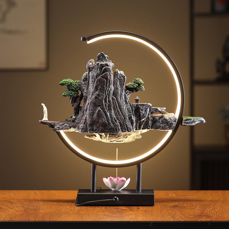 TXYXT Backflow Incense Waterfall Fountain Burner with Adjustable LED Light Ring,Resin Rockery Landscape Ornament insence-Stick Holder,Compatible with Cone and Stick Incense (Grayish Green) - Image 2