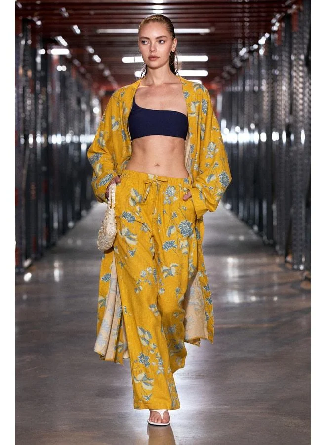 Grimelange NARCIS Women's Linen-Blend Elastic Waist Comfortable Fit Pants with Detailed Yellow Print.