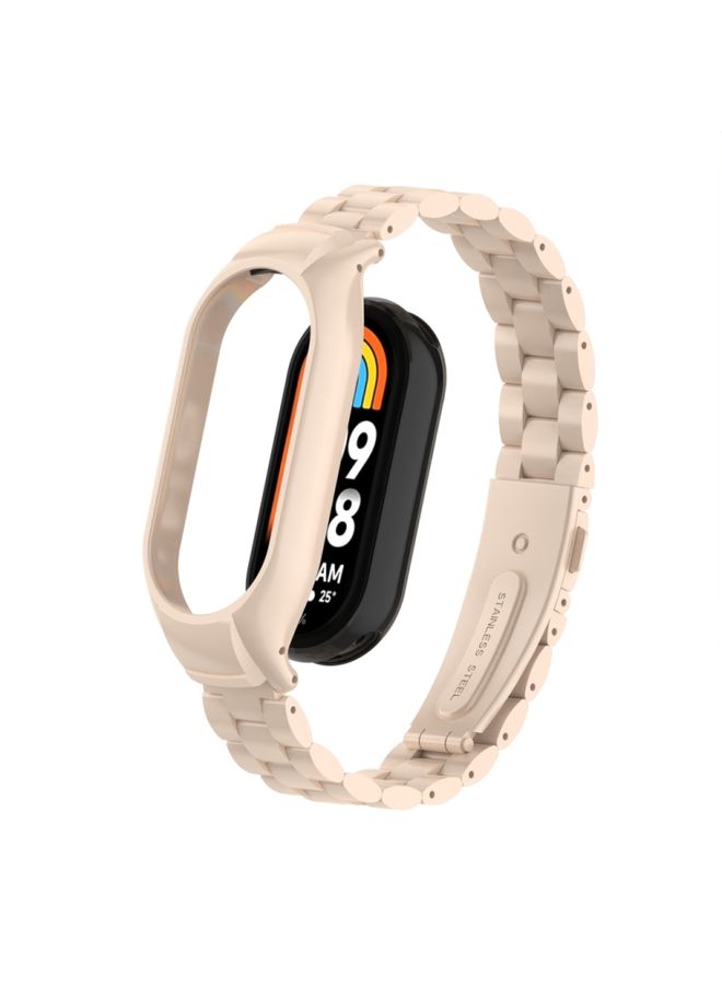 Replacement Strap For Xiaomi Mi Band 8 Integrated Metal Case + Three-bead Watch Band Lotus Pink 