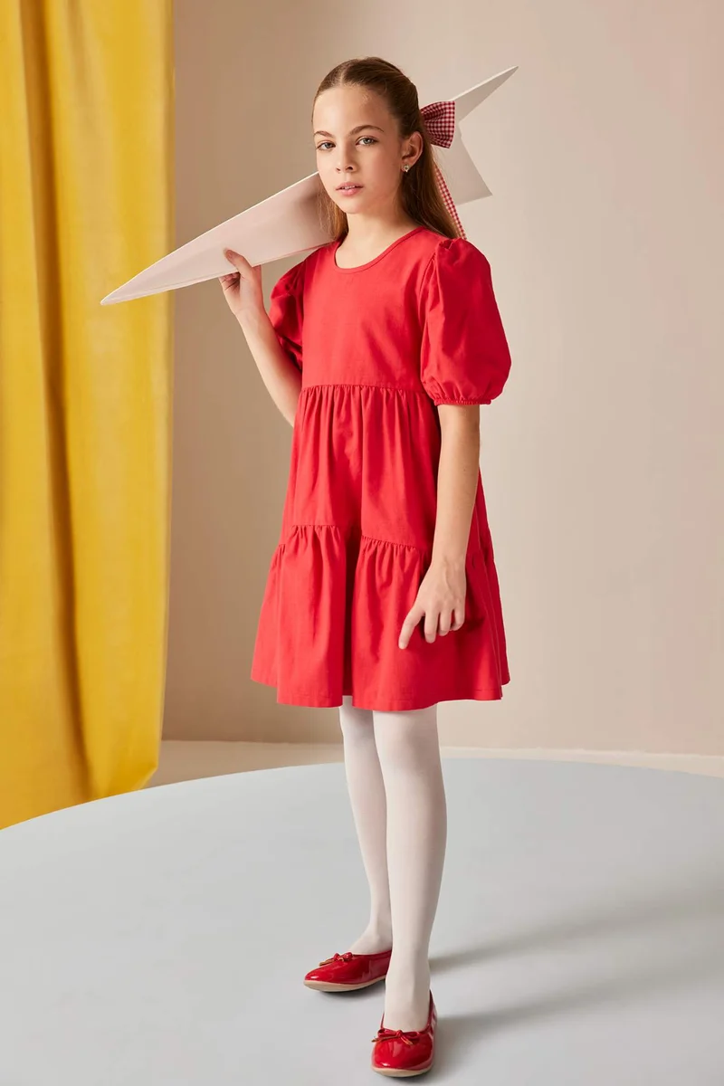 ديفاكتو Girl Crew Neck Cotton Short Sleeve Red Dress