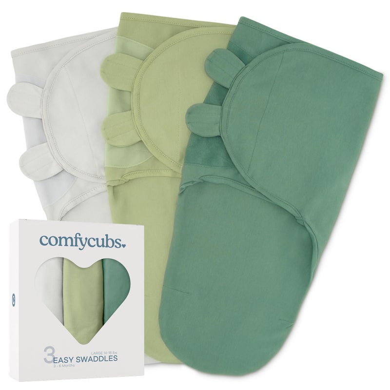 Comfy Cubs Easy Swaddle Blanket, 3 Pack - 100% Cotton Newborn Wrap, Large for 3-6 Months Infants, Breathable and Durable Sleep Sack for Babies - Stone, Sage, Azul - Image 1