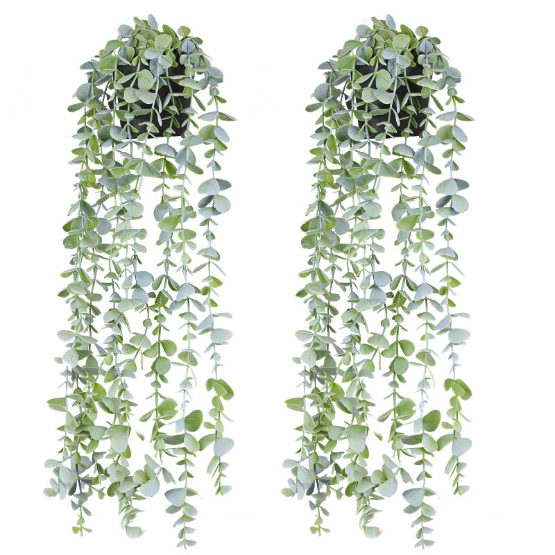 BACAMA Fake Hanging Plants Eucalyptus Potted Artificial Plant Small Faux Ivy Vines Decor for Floating Shelf Kitchen Bathroom Cabinets Indoor Outdoor Pack of 2 236 Inches Long