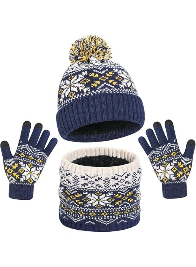 كيلا مجموعة قبعة وشاح وقفازات محبوكة للأطفال في فصل الشتاء للفتيات الصغار والأولاد مع بوم بوم، وبطانة من الصوف للأطفال، وقبعة وشاح وقفازات - Image 1