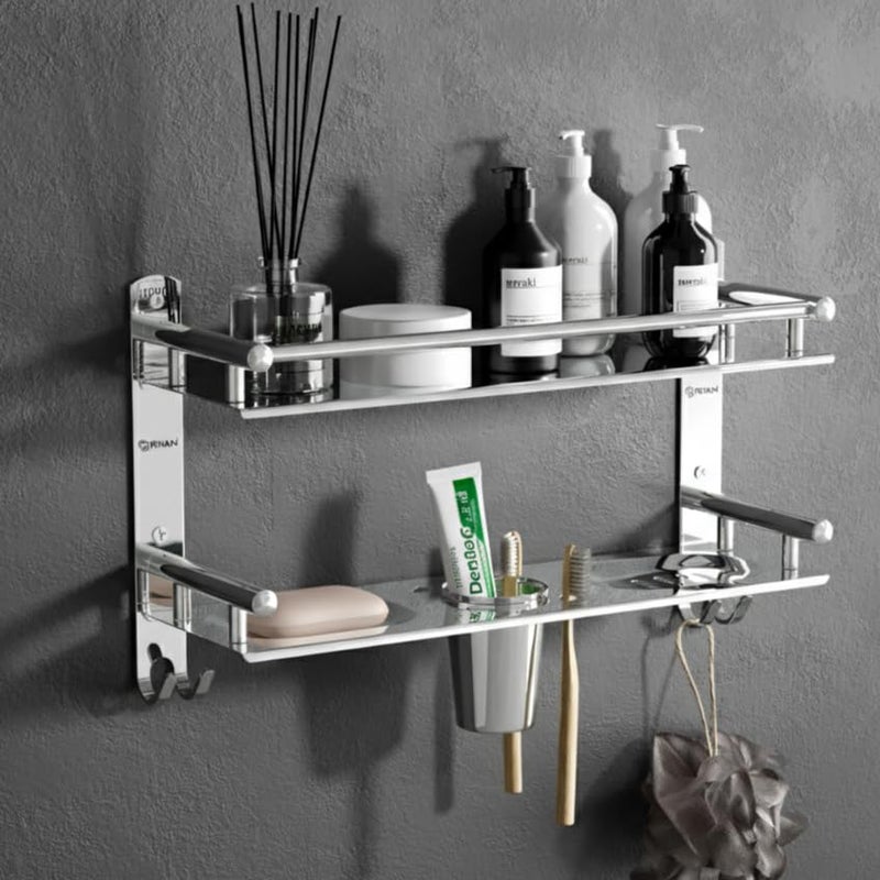 GRIVAN Stainless Steel Multi-use Rack, Bathroom Shelf, Soap Stand, Tumbler Holder, Toothbrush Holder Bathroom Accessories Chrome Finish (Number of Shelves - 2, Silver) - Image 1