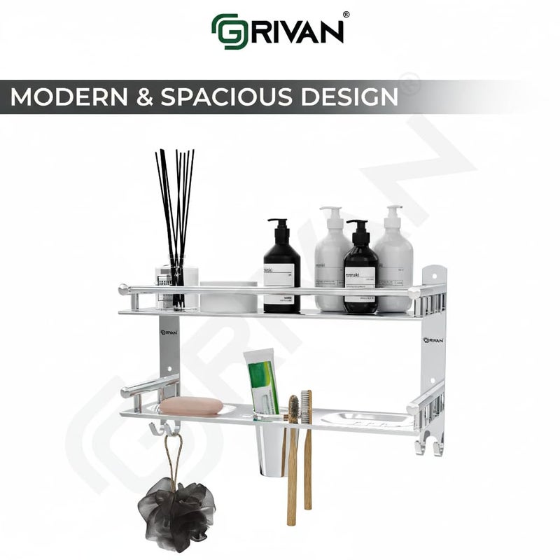 GRIVAN Stainless Steel Multi-use Rack, Bathroom Shelf, Soap Stand, Tumbler Holder, Toothbrush Holder Bathroom Accessories Chrome Finish (Number of Shelves - 2, Silver) - Image 5