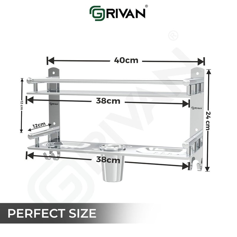 GRIVAN Stainless Steel Multi-use Rack, Bathroom Shelf, Soap Stand, Tumbler Holder, Toothbrush Holder Bathroom Accessories Chrome Finish (Number of Shelves - 2, Silver) - Image 2