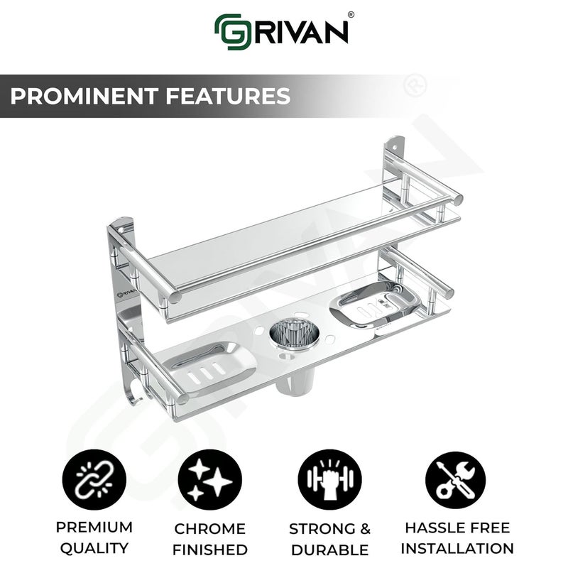 GRIVAN Stainless Steel Multi-use Rack, Bathroom Shelf, Soap Stand, Tumbler Holder, Toothbrush Holder Bathroom Accessories Chrome Finish (Number of Shelves - 2, Silver) - Image 3