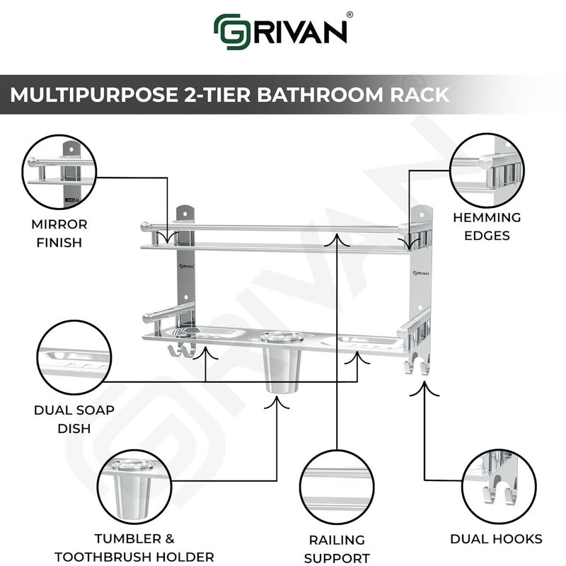 GRIVAN Stainless Steel Multi-use Rack, Bathroom Shelf, Soap Stand, Tumbler Holder, Toothbrush Holder Bathroom Accessories Chrome Finish (Number of Shelves - 2, Silver) - Image 4