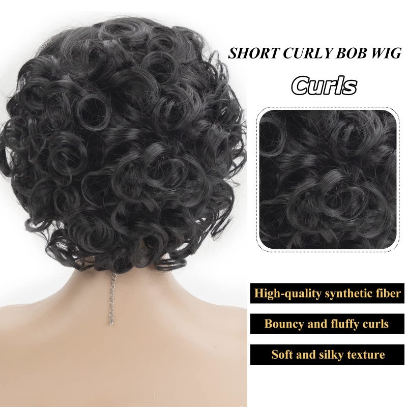 SEVENCOLORS Short Curly Wigs for Black Women Glueless Soft Short Black Hair Wigs Natural Looking Synthetic Fiber Afro Big Curly Bob Wigs - Image 5