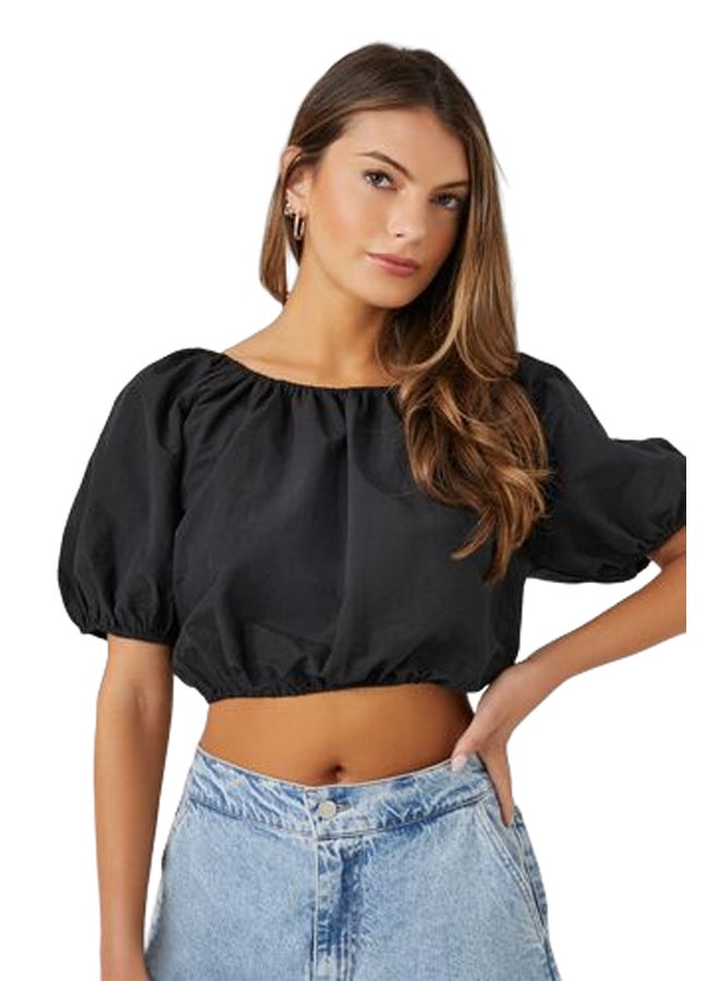 FOREVER 21 بلوزة قصيرة بأكمام منفوخة وظهر من الدانتيل - Image 1