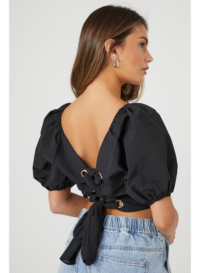 FOREVER 21 بلوزة قصيرة بأكمام منفوخة وظهر من الدانتيل - Image 3